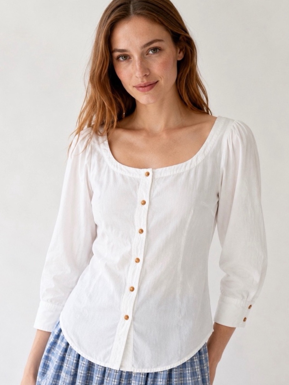 Maeve White Square-Neck Button Front Blouse 6